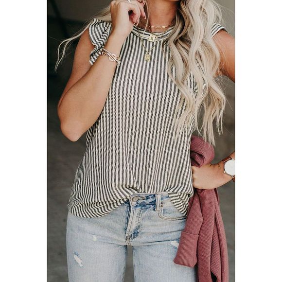 Azura Exchange  Gray Crew Neck Ruffled Striped Tank Top - Picture 6 of 15